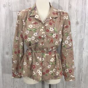 Vintage Frayne Blouse Floral Beige With Tie At Waist